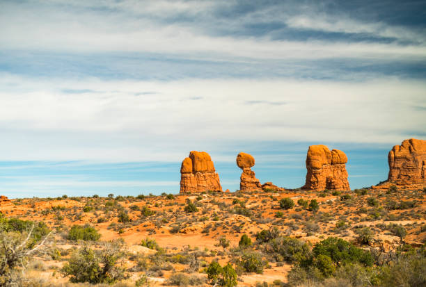The panoramic view to the Balancing Rock, Arches national park, Moab, Utah, USA, North America. The sunny October's day, autumn.