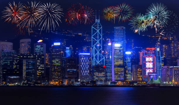 istock Night view and fireworks at victoria harbour, Hong Kong 688377274