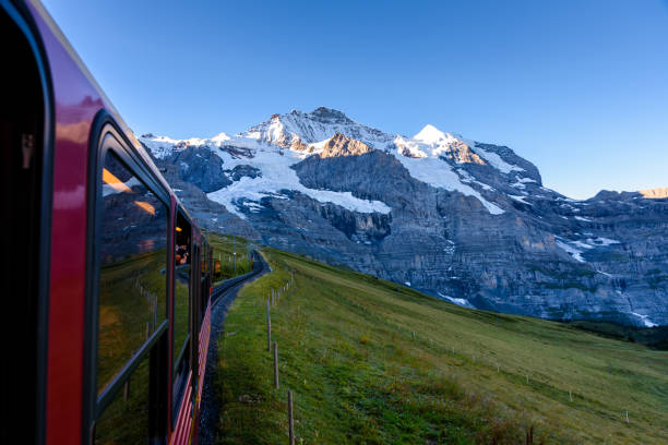 знаменитый поезд между гриндельвальдом и станцией jungfraujoch - железная дорога к вершине европы, швейцария - jungfraujoch стоковые фото и изображения