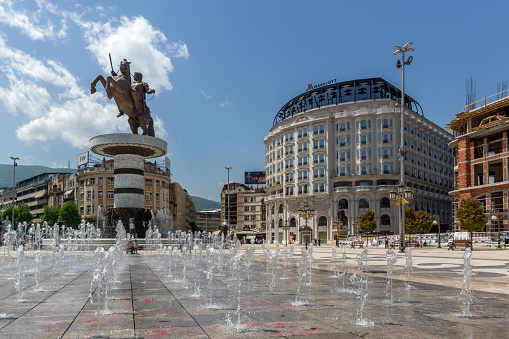 Skopje, Republic of Macedonia - May 13, 2017: Skopje City Center and Alexander the Great Monument, Macedonia
