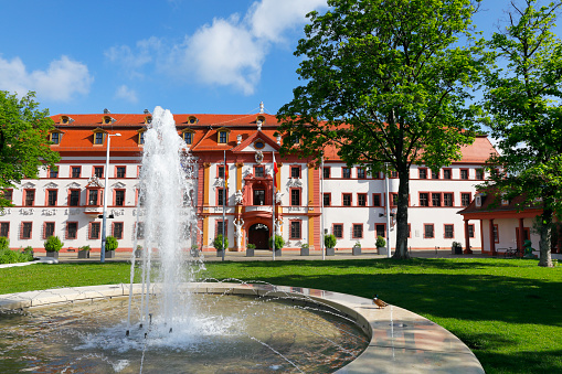 State chancellery of Thuringia (Thüringer Staatskanzlei) with a fountain Erfurt, Germany.