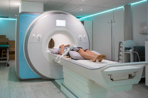 Female patient lying for an MRI Scan stock photo