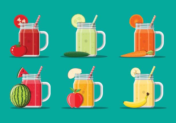 Fresh vegetable and fruit juice set. Jar with watermelon, apple, banana, tomato, cucumber, carrot smoothie with striped straw. Glass for cocktails with handle. Fresh vegetable and fruit juice set. Vector illustration in flat style smoothie stock illustrations