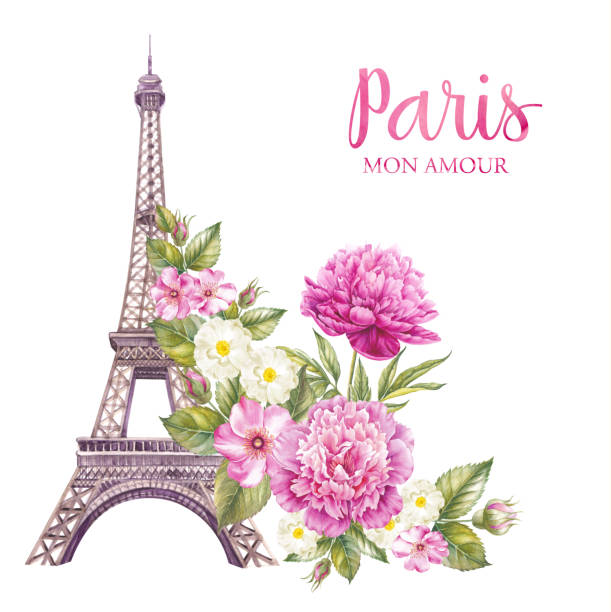 wieża eiffla z wiosennymi kwiatami. - paris france monument pattern city stock illustrations