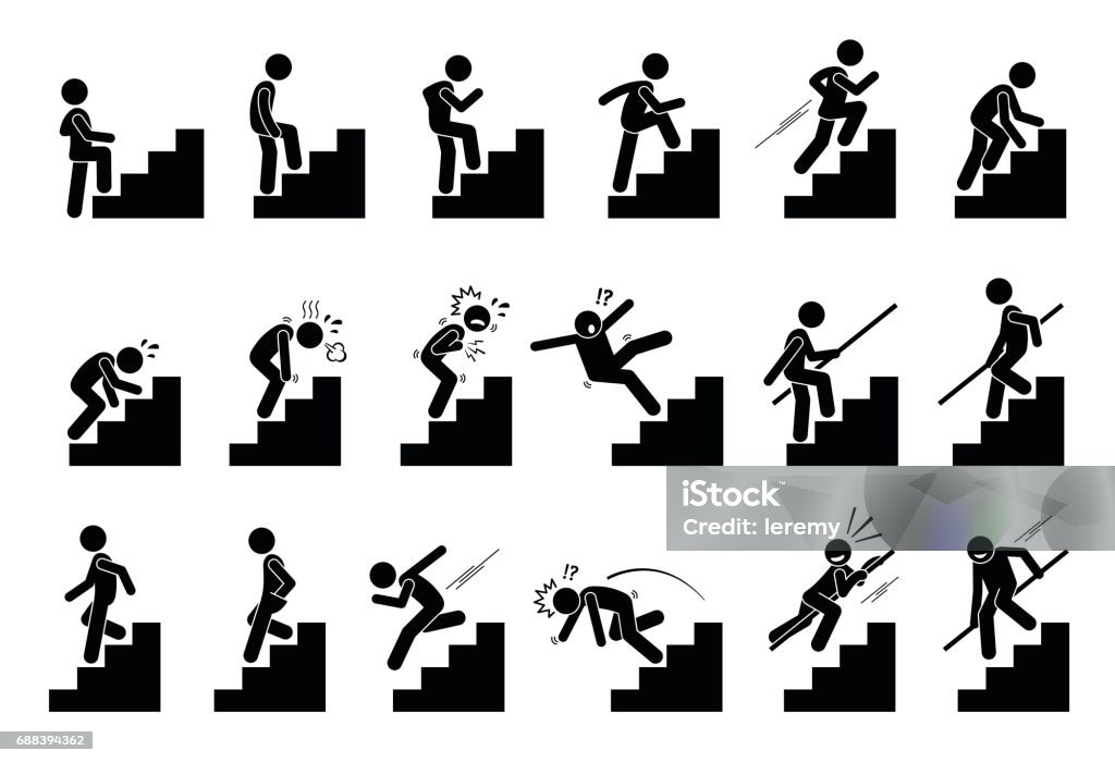 El hombre sube la escalera o escaleras de pictograma. - arte vectorial de Escaleras libre de derechos