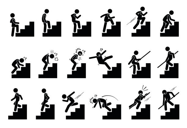 ilustraciones, imágenes clip art, dibujos animados e iconos de stock de el hombre sube la escalera o escaleras de pictograma. - running down