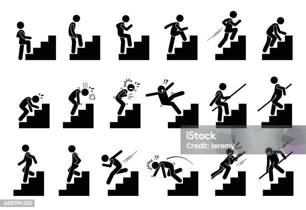 Ilustración de El Hombre Sube La Escalera O Escaleras De Pictograma y más Vectores Libres de Derechos de Escaleras