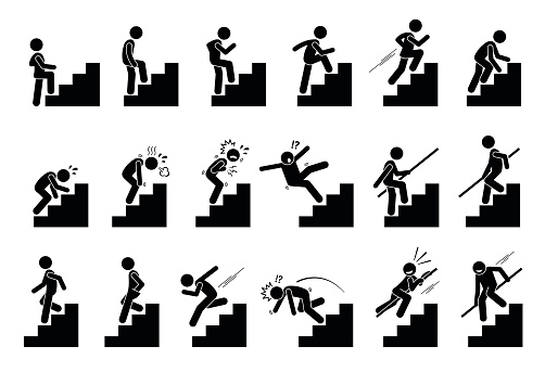 Cliparts depict various actions of a person with stairs.