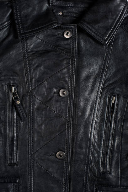 istock Black leather jacket. Leather jacket macro details. Jacket zippers and pockets 688394392