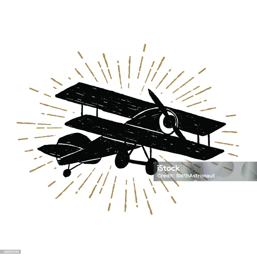 Hand drawn vintage icon with biplane vector illustration Hand drawn vintage icon with biplane vector illustration. Old-fashioned stock vector