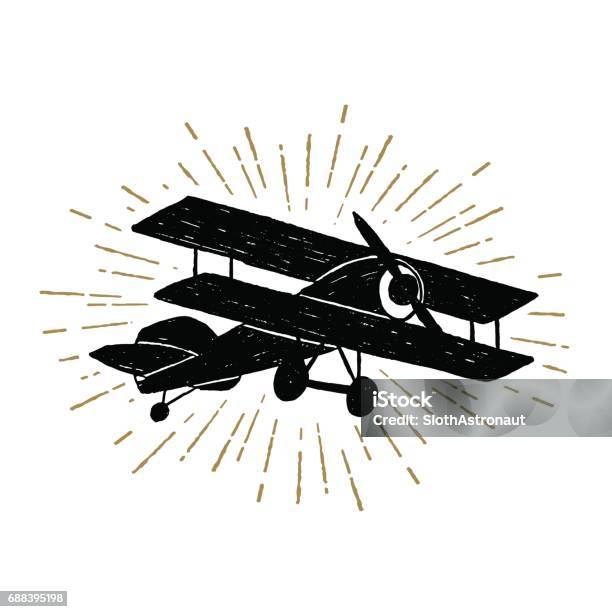 Hand Drawn Vintage Icon With Biplane Vector Illustration Stock Illustration - Download Image Now