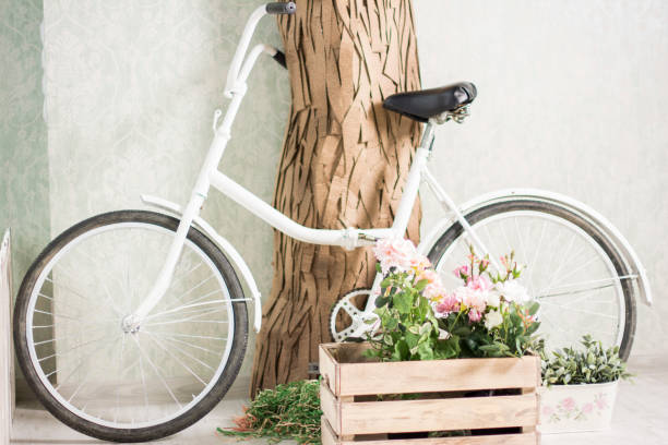istock Reused bycycle with baskets of flowers 688407008