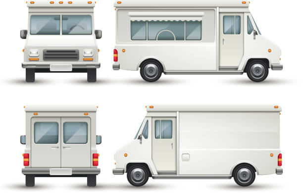 illustrations, cliparts, dessins animés et icônes de voiture blanche vide alimentaire, camion commercial isolée - camionnette de vendeur de glaces