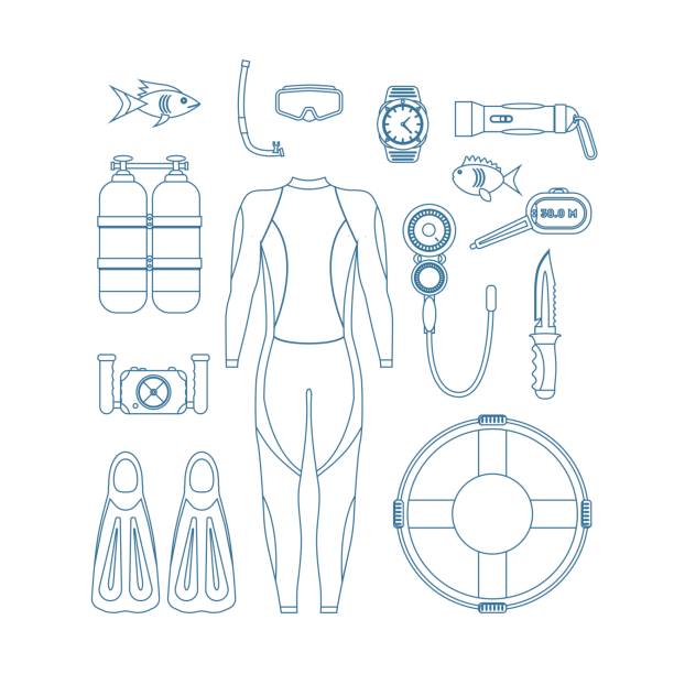 tauchen unterhaltungsausstattung dünne linie. vektor - oxygen tank underwater diving diving wetsuit stock-grafiken, -clipart, -cartoons und -symbole