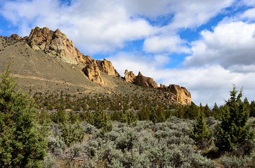 View up the tall rock formations at Smith Rock State Park.