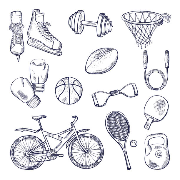Illustrations of different sports fitness equipment. Vector doodle icons set Illustrations of different sports fitness equipment. Vector doodle icons set. Ball and weight, bicycle and basketball dumbbell stock illustrations