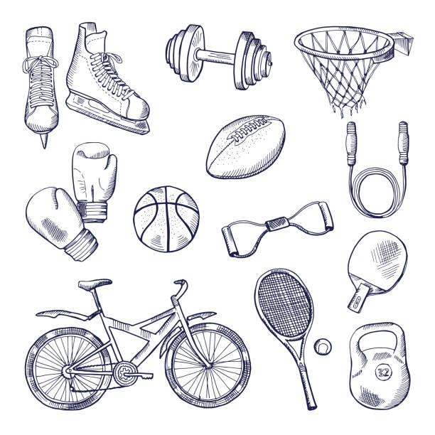 Illustrations of different sports fitness equipment. Vector doodle icons set Illustrations of different sports fitness equipment. Vector doodle icons set. Ball and weight, bicycle and basketball clip art of how to draw a train stock illustrations