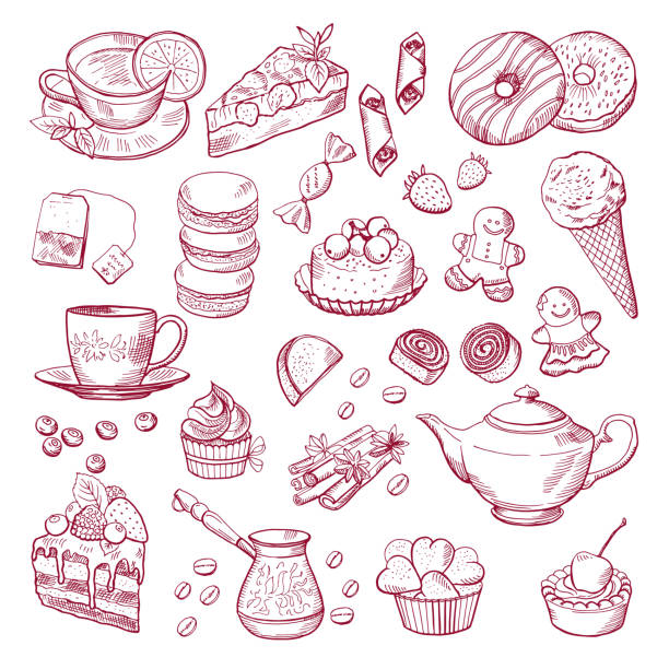 illustrazioni stock, clip art, cartoni animati e icone di tendenza di tè e caffè elementi diversi. dolci, cupcake. illustrazioni vettoriali disegnate a mano - coffee donut old fashioned snack