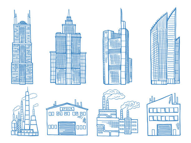 istock Different modern building with offices, industry and factories hand drawn illustration 688417490