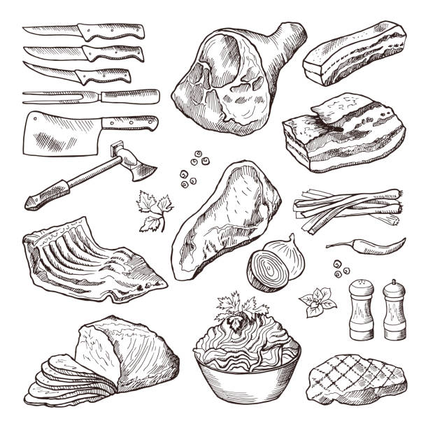 illustrazioni stock, clip art, cartoni animati e icone di tendenza di cibo di carne diverso. accessori per maiale, pancetta e cucina. immagine disegnata a mano con coltello e ascia - steak meat raw beef