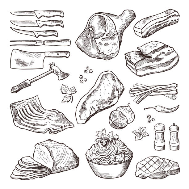 różne mięso. wieprzowina, boczek i akcesoria kuchenne. nóż i siekiera wektor ręcznie rysowane zdjęcie - steak meat raw beef stock illustrations