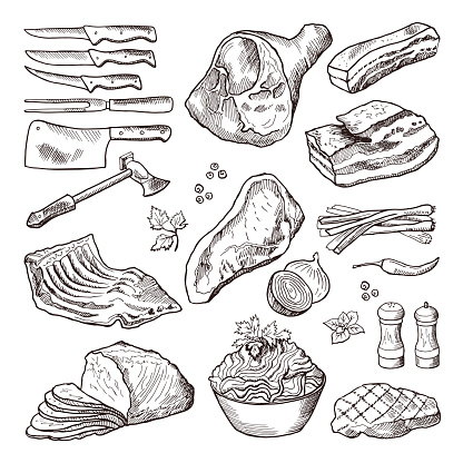 Different meat food. Pork, bacon and kitchen accessories. Knife and axe vector. Hand drawn meat and knife for cut beef illustration