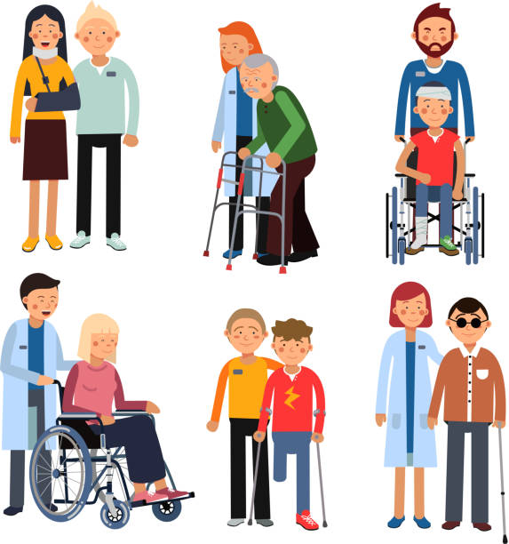 инвалиды группы или больницы пациентов и помогать человеку. векторные иллюстрации изолируются на белом фоне - wheelchair senior men senior adult white background stock illustrations