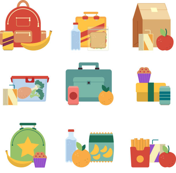 gesundes mittagessen in kunststoff-box. lunchbox für kinder. vektor-illustration-set isoliert auf weißem hintergrund - lunch box packed lunch apple symbol stock-grafiken, -clipart, -cartoons und -symbole