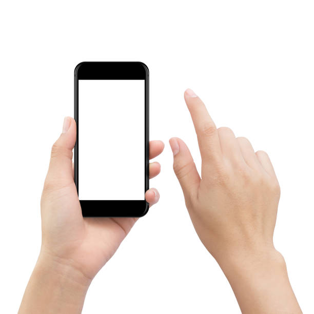 istock hand touching smartphone screen isolated on white, mock up phone mobile blank screen easy adjustment with clipping path 688420728