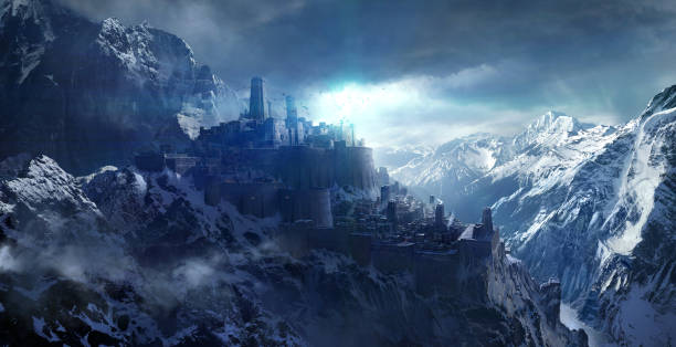 ilustraciones, imágenes clip art, dibujos animados e iconos de stock de montañas nevadas entre el castillo. - fantasía