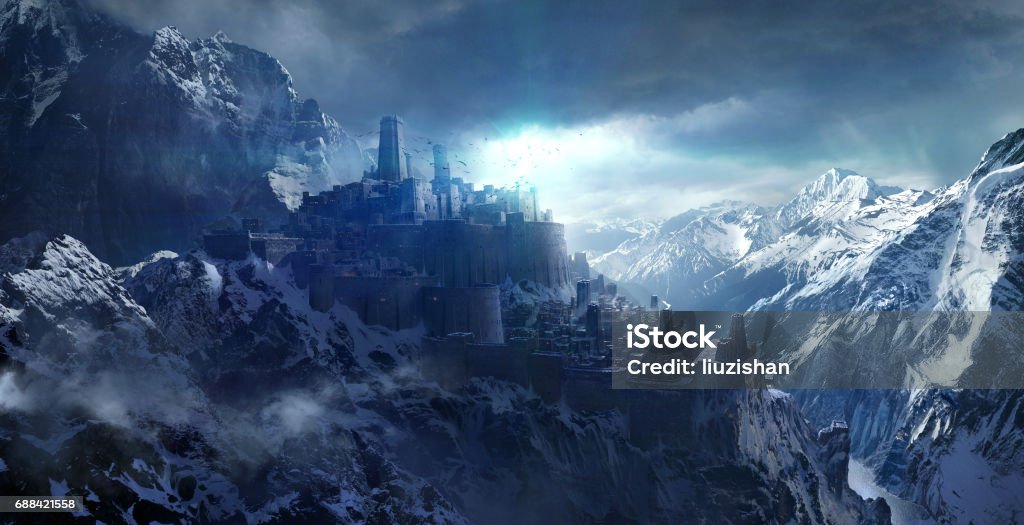 Karla kaplı dağ kale arasında. - Royalty-free Fantastik Stock Illustration