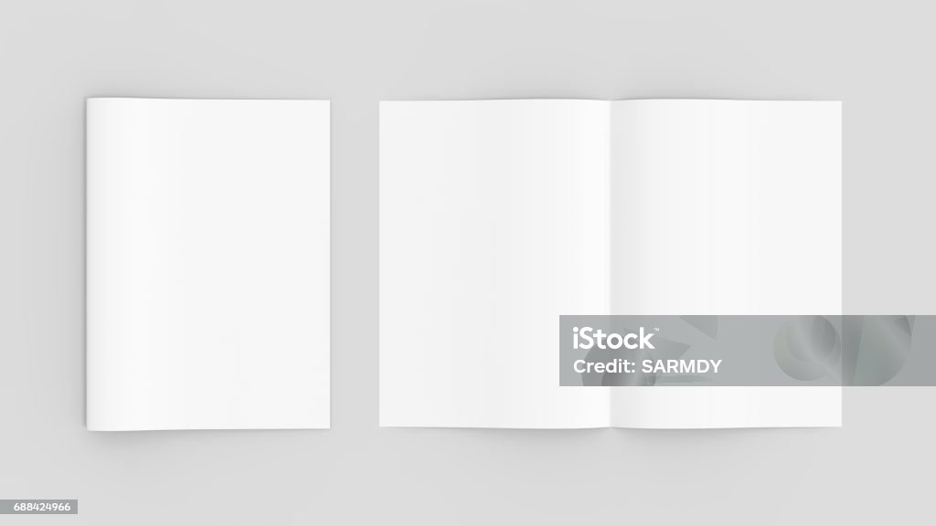 Blank magazine or brochure mockup isolated on soft gray background. 3D illustrating Model - Object stock illustration