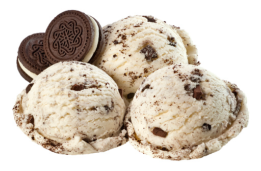 Three scoops of cookies and cream ice cream,isolated on white with clipping path.