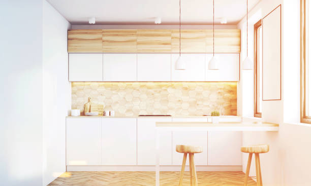 istock Light wood kitchen with a bar, toned 688430002
