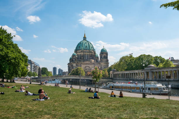 люди отдыхают на лугу в парке в берлине с берлинским собором на заднем плане - berlin cathedral berlin germany museum island sunlight стоковые фото и изображения