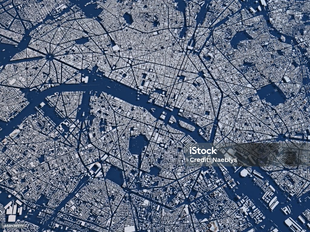 Map of Paris, satellite view, city, France Map of Paris, satellite view, city, France. 3d rendering Satellite View Stock Photo