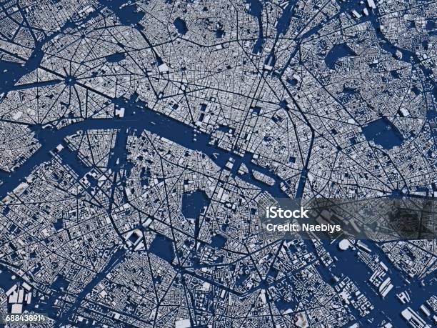 Map Of Paris Satellite View City France Stock Photo - Download Image Now - Satellite View, Paris - France, Map