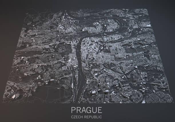 mapa de praga, vista de satélite, cidade, república checa. - prague czech republic high angle view aerial view - fotografias e filmes do acervo
