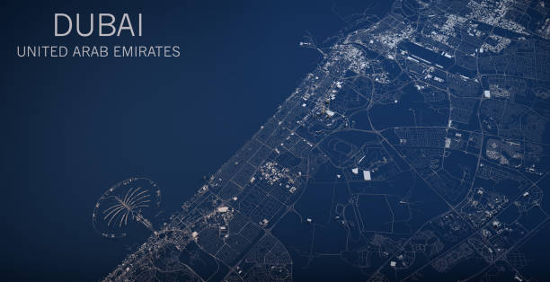 Map of Dubai, satellite view, city, United Arab Emirates stock photo