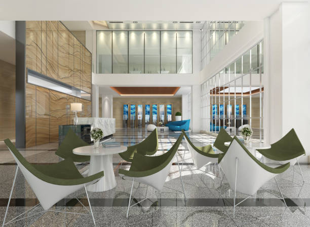 istock Interior of hotel reception hall 3D illustration 688441978