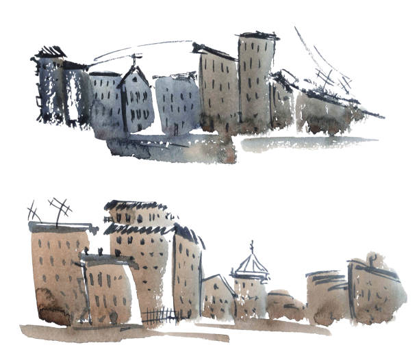 Watercolor sketch or illustration of a beautiful view of European old apartment buildings