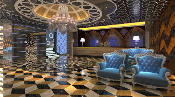 istock Interior of hotel reception hall 3D illustration 688445104