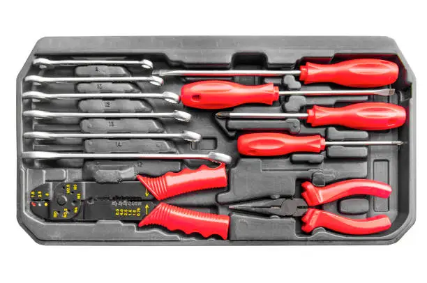 Set automotive mechanic toolkit for maintenance and repair wrench