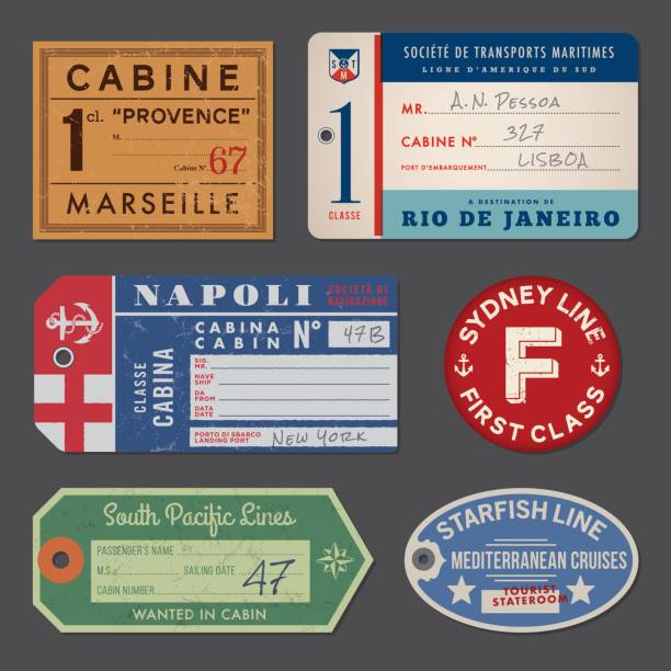 ilustrações de stock, clip art, desenhos animados e ícones de vintage steamship luggage labels and tags - suitcase travel luggage label