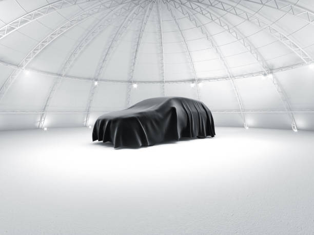 istock Clean white warehouse dome exhibition space car stage car launch, under grey fabric reveal 
3d illustration 688457864