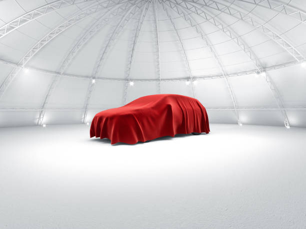 istock Clean white warehouse dome exhibition space car stage car launch, under red fabric reveal 
3d illustration 688457874