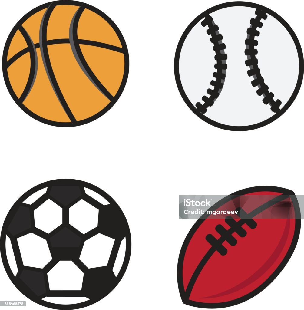 Conceito de esporte com bolas e itens de jogos bolas para futebol,  basquete, rugby, ícones atléticos, equipamentos de ginástica, ilustração  vetorial