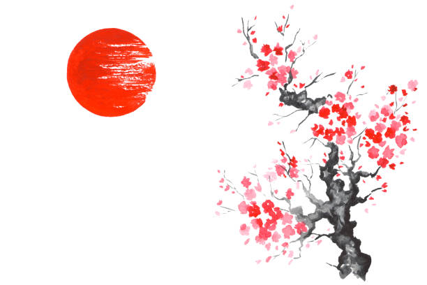 日本の伝統的な日本画水墨画アート桜日 - japanese culture ink and brush art paintbrush点のイラスト素材／クリップアート素材／マンガ素材／アイコン素材