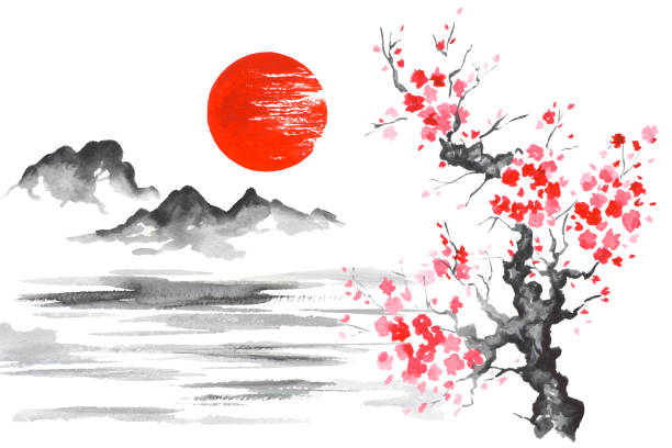 日本伝統的な日本画水墨画アート太陽山さくら湖 - japanese culture ink and brush art paintbrush点のイラスト素材／クリップアート素材／マンガ素材／アイコン素材