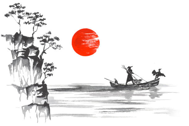 japan kunst der traditionellen japanischen malerei sumi-e boot mann hill mountain sonne - flussufer sonne stock-grafiken, -clipart, -cartoons und -symbole